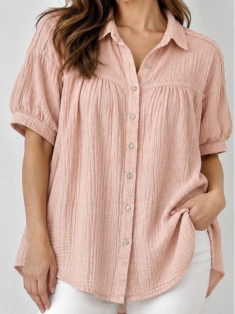 Easel Gauze Button Down Shirt in Pink Like New